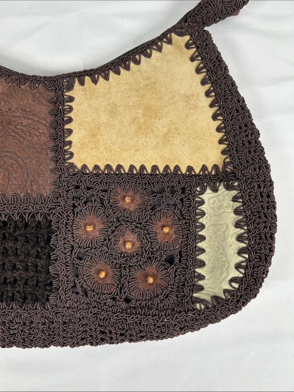 Leather Suede Boho Knit Crochet Hobo Bag Brown Beaded